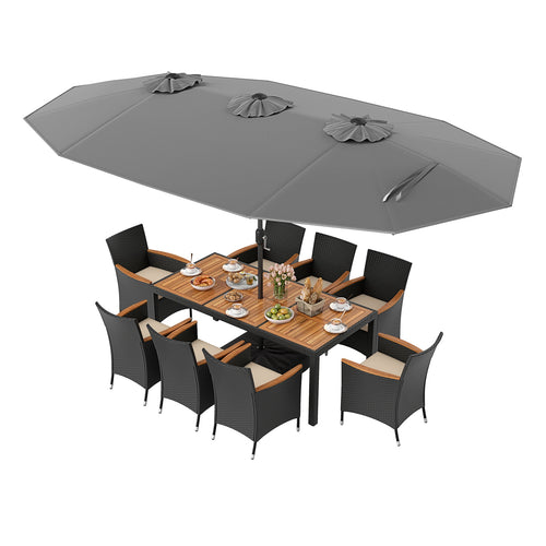 10 Piece Outdoor Dining Set with 15 Feet Double-Sided Twin Umbrella, Gray