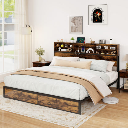 Full/King Size Bed Frame with Storage Headboard Industrial Metal Platform Bed-King Size, Rustic Brown Simple Bed Frame at Gallery Canada