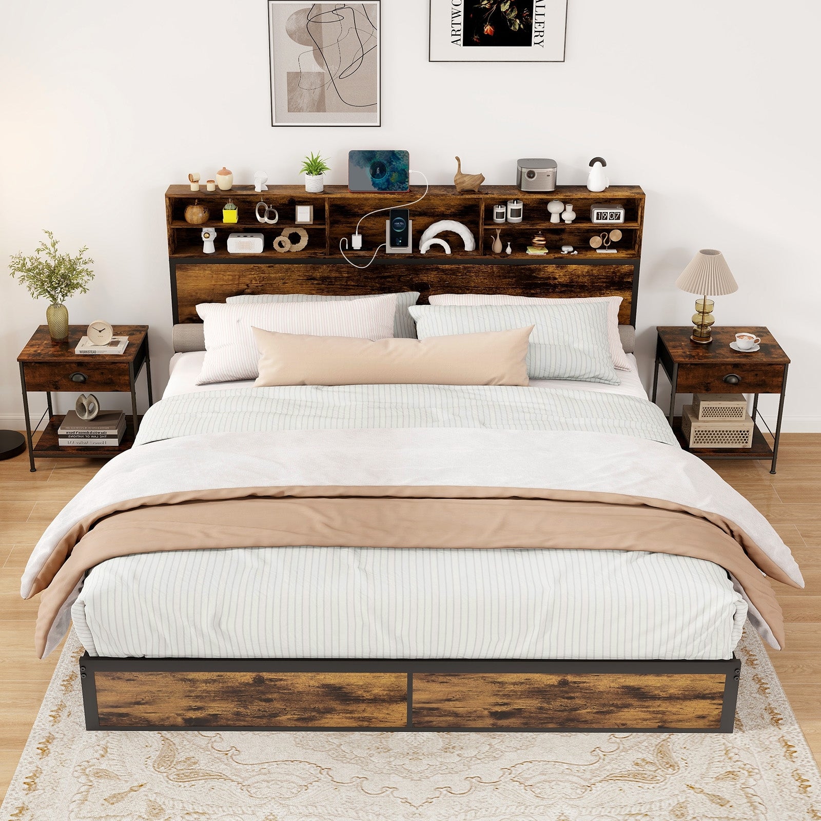 Full/King Size Bed Frame with Storage Headboard Industrial Metal Platform Bed-King Size, Rustic Brown Simple Bed Frame at Gallery Canada