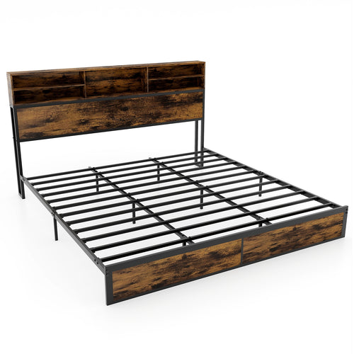 Full/King Size Bed Frame with Storage Headboard Industrial Metal Platform Bed-King Size, Rustic Brown