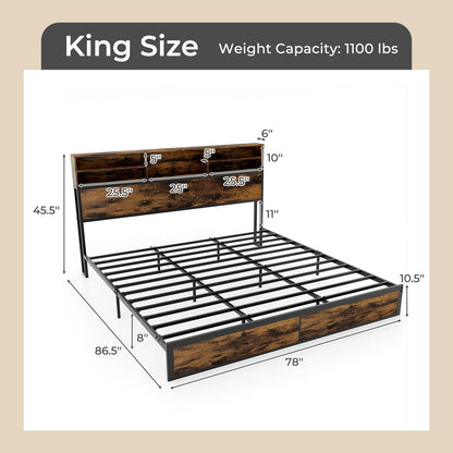 Full/King Size Bed Frame with Storage Headboard Industrial Metal Platform Bed-King Size, Rustic Brown Simple Bed Frame at Gallery Canada