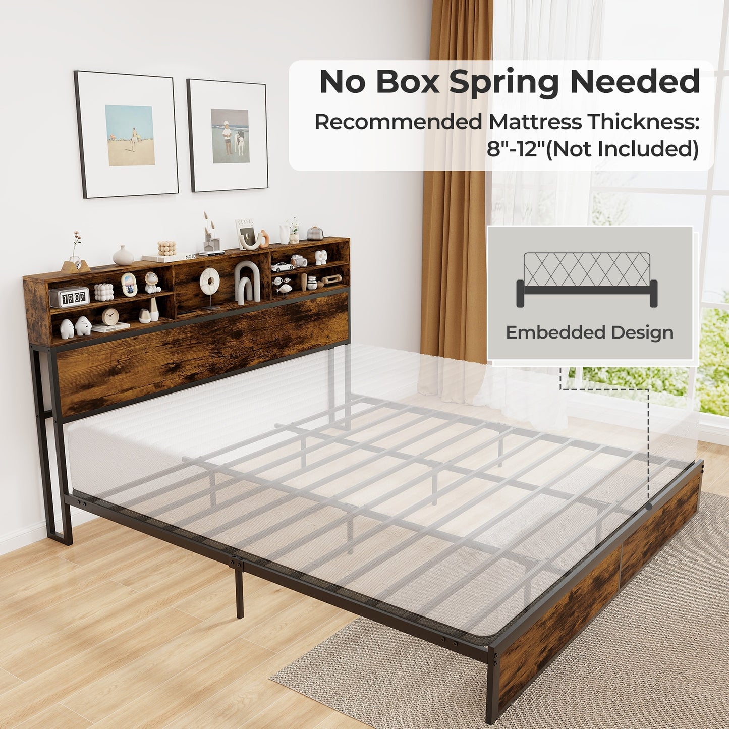 Full/King Size Bed Frame with Storage Headboard Industrial Metal Platform Bed-King Size, Rustic Brown Simple Bed Frame at Gallery Canada