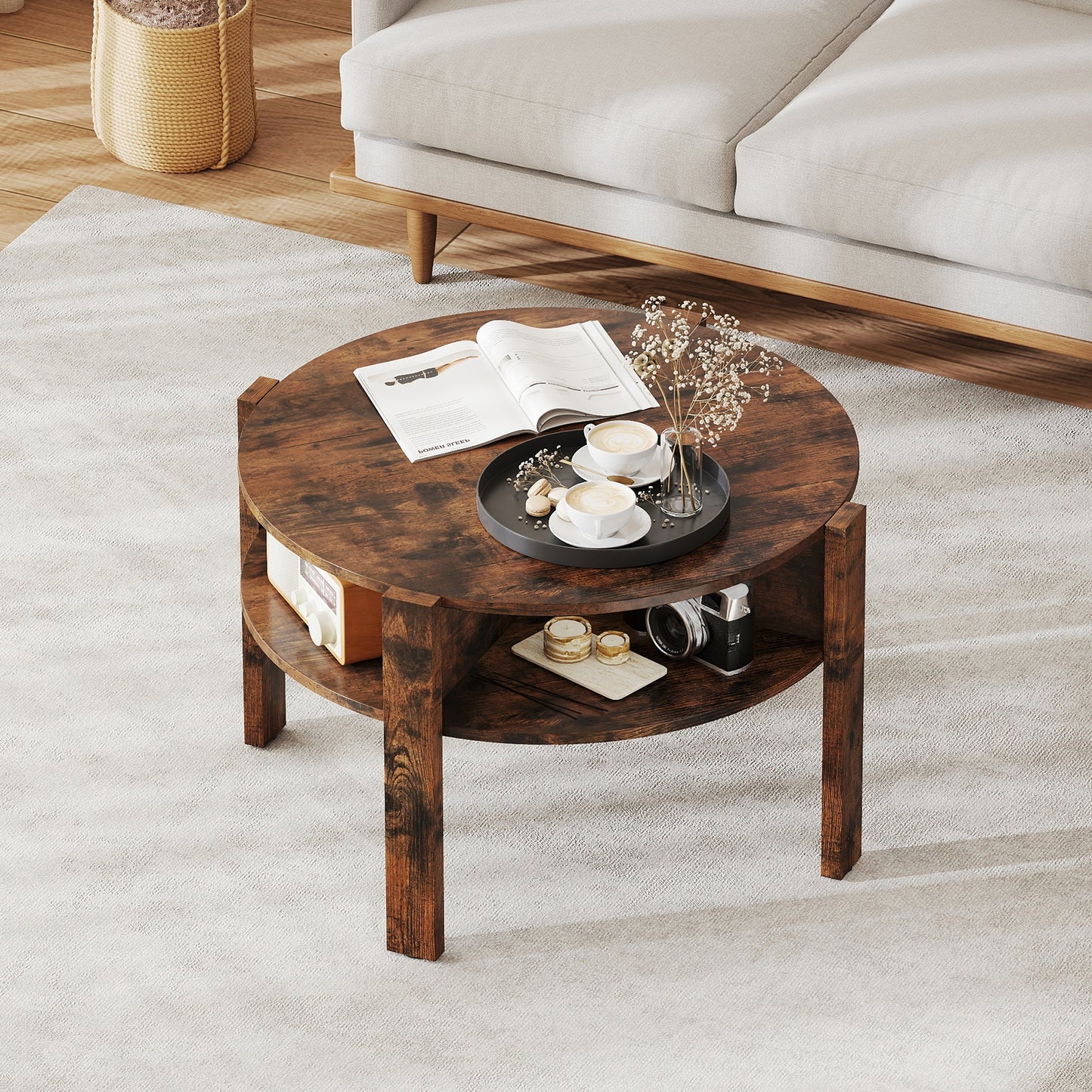 29.5 Inch Round Coffee Table, Storage Shelves, Rustic Brown Coffee Tables at Gallery Canada