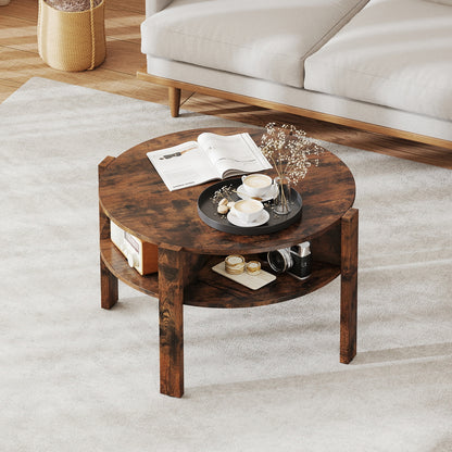 29.5 Inch Round Coffee Table, Storage Shelves, Rustic Brown Coffee Tables at Gallery Canada