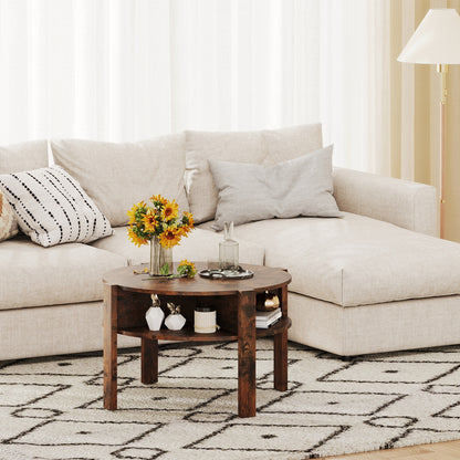 29.5 Inch Round Coffee Table, Storage Shelves, Rustic Brown Coffee Tables at Gallery Canada