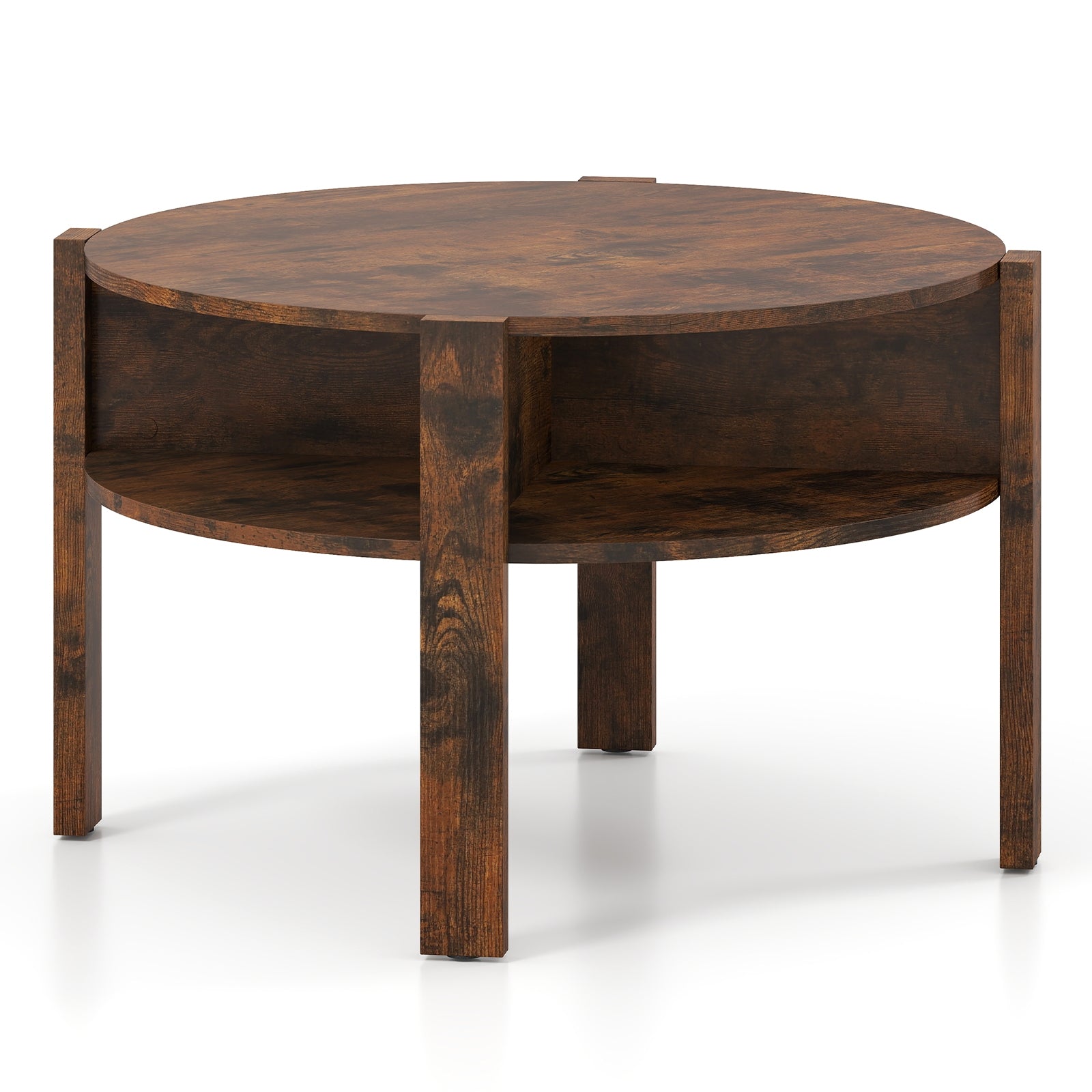 29.5 Inch Round Coffee Table, Storage Shelves, Rustic Brown Coffee Tables at Gallery Canada