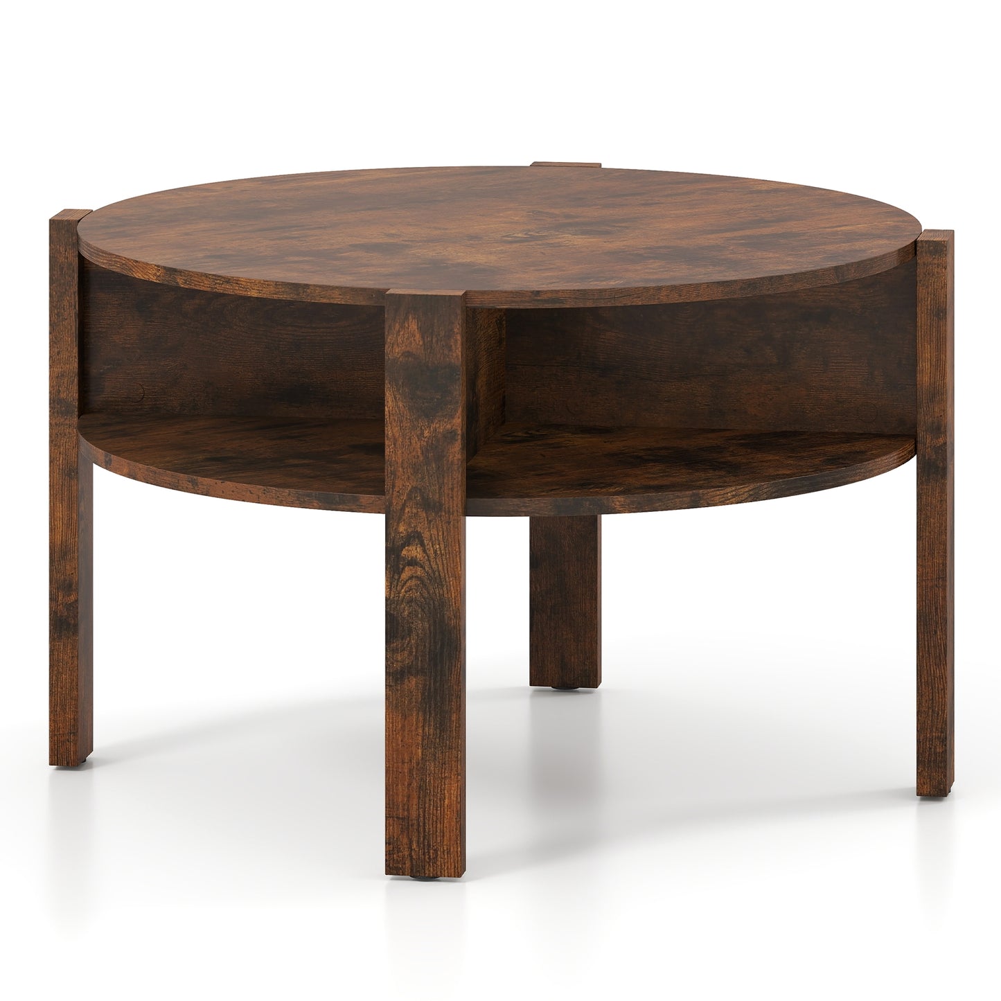 29.5 Inch Round Coffee Table, Storage Shelves, Rustic Brown Coffee Tables at Gallery Canada