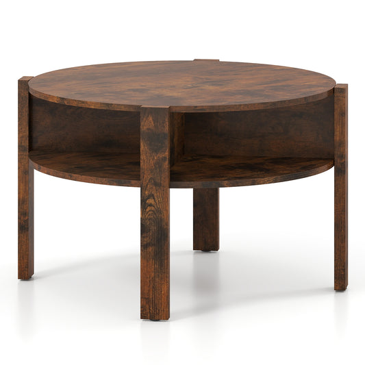 29.5 Inch Round Coffee Table, Storage Shelves, Rustic Brown Coffee Tables Rustic Brown at Gallery Canada