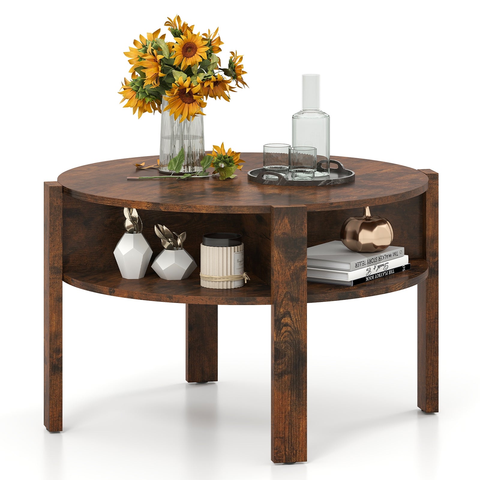 29.5 Inch Round Coffee Table, Storage Shelves, Rustic Brown Coffee Tables at Gallery Canada
