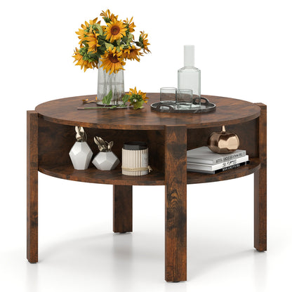 29.5 Inch Round Coffee Table, Storage Shelves, Rustic Brown Coffee Tables at Gallery Canada