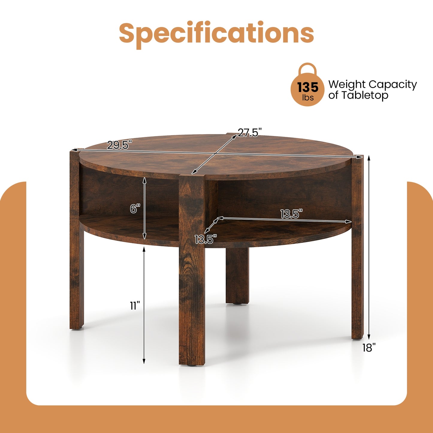 29.5 Inch Round Coffee Table, Storage Shelves, Rustic Brown Coffee Tables at Gallery Canada