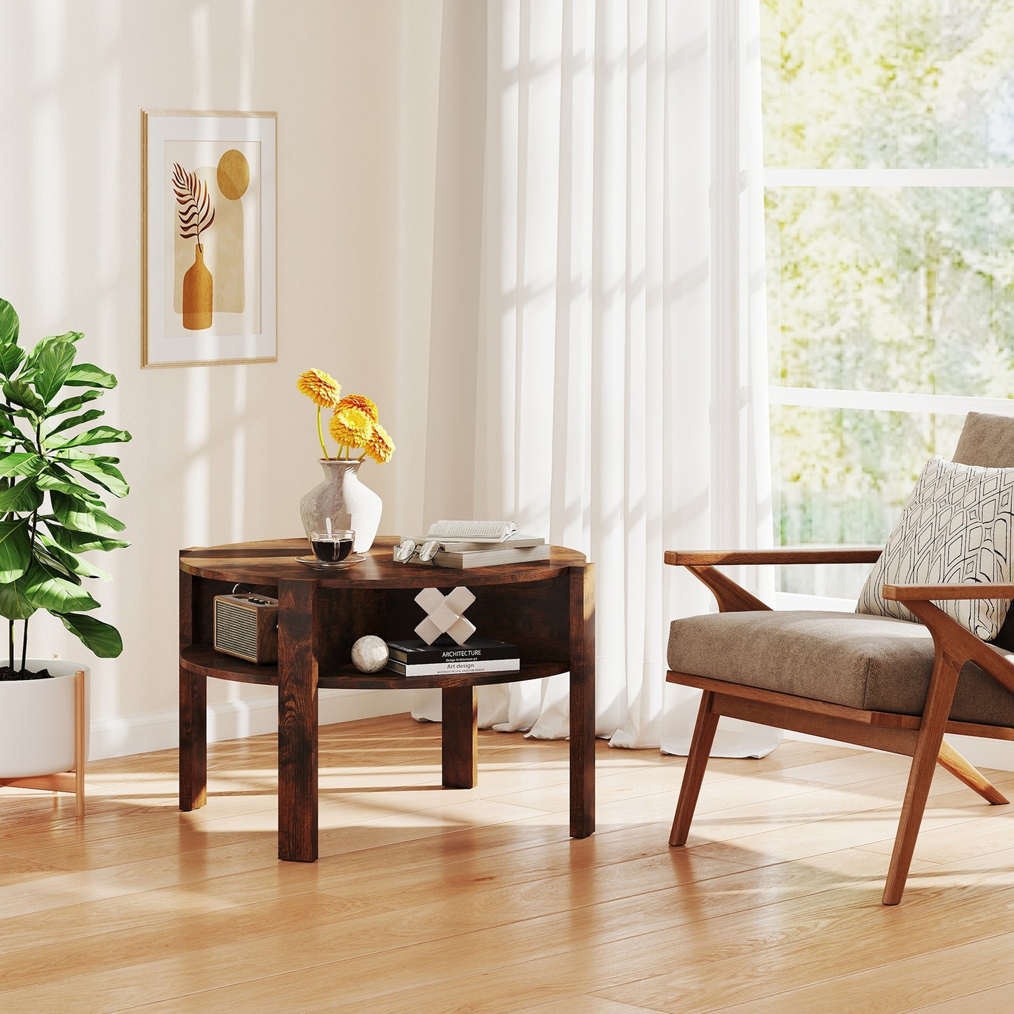 29.5 Inch Round Coffee Table, Storage Shelves, Rustic Brown Coffee Tables at Gallery Canada