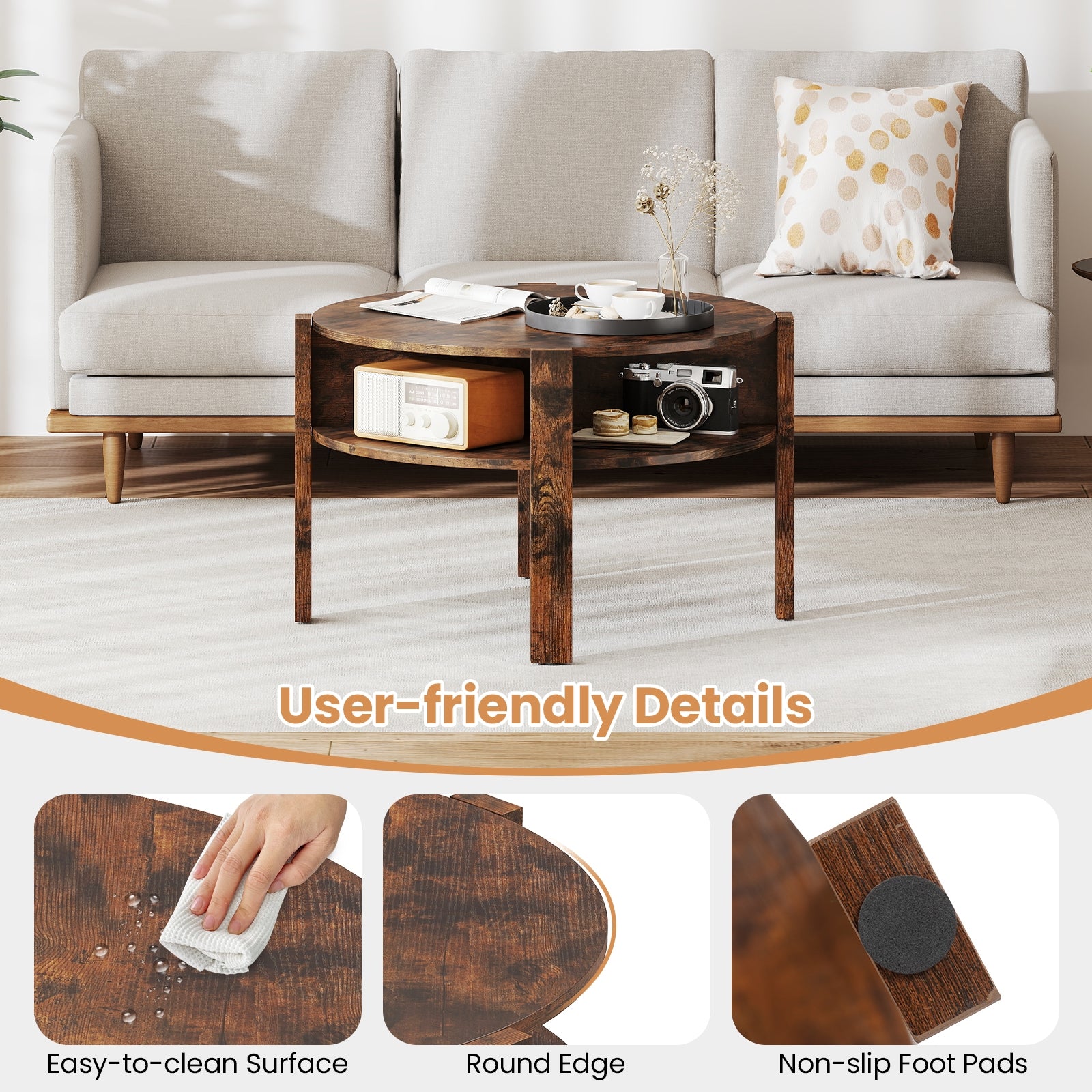 29.5 Inch Round Coffee Table, Storage Shelves, Rustic Brown Coffee Tables at Gallery Canada