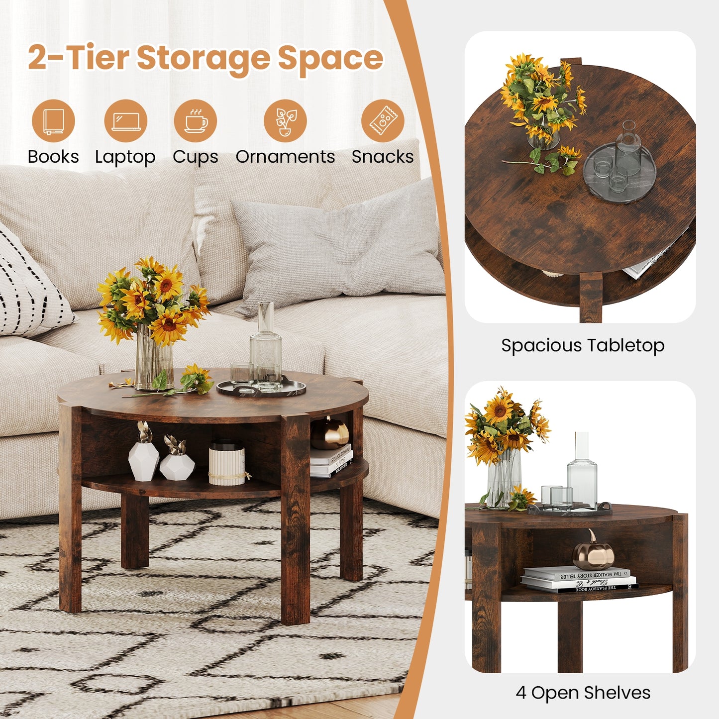 29.5 Inch Round Coffee Table, Storage Shelves, Rustic Brown Coffee Tables at Gallery Canada