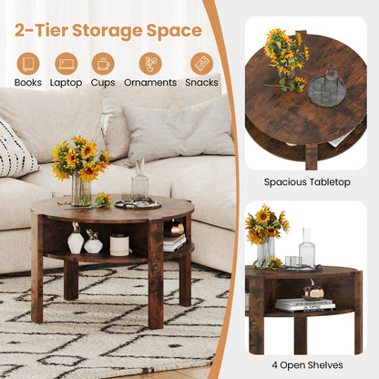 29.5 Inch Round Coffee Table, Storage Shelves, Rustic Brown Coffee Tables at Gallery Canada