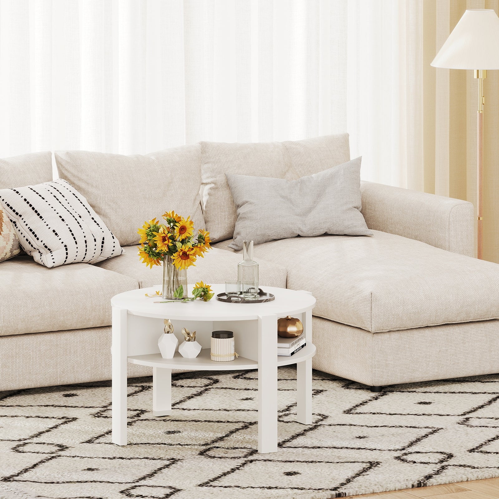 29.5 Inch Round Coffee Table with Storage Shelves for Small Space, White Coffee Tables at Gallery Canada