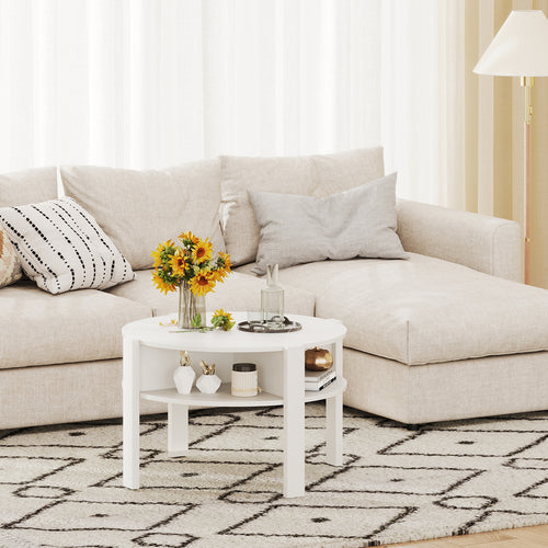 29.5 Inch Round Coffee Table with Storage Shelves for Small Space, White