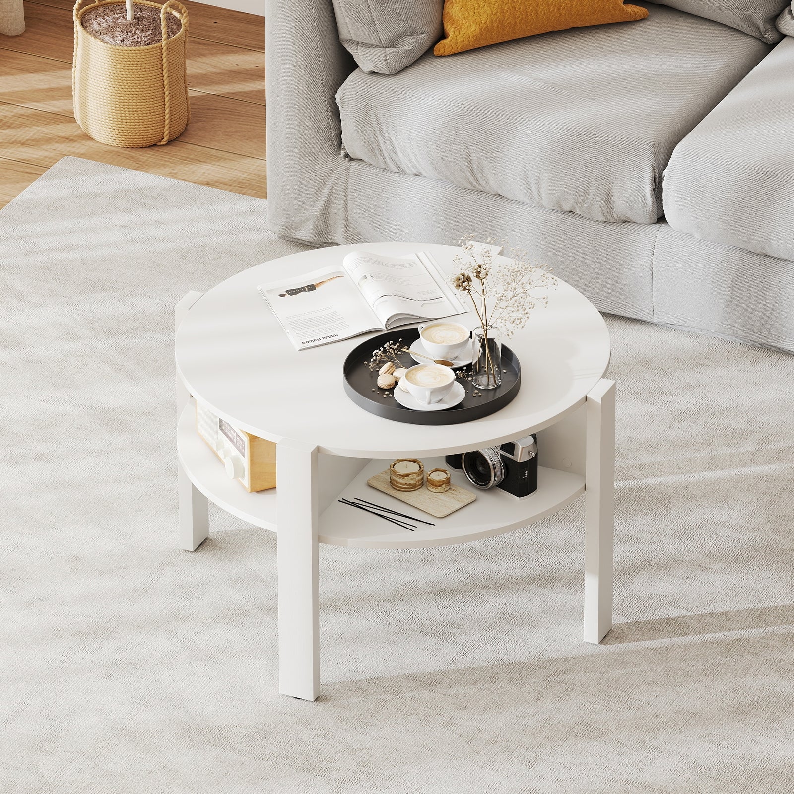 29.5 Inch Round Coffee Table with Storage Shelves for Small Space, White Coffee Tables at Gallery Canada