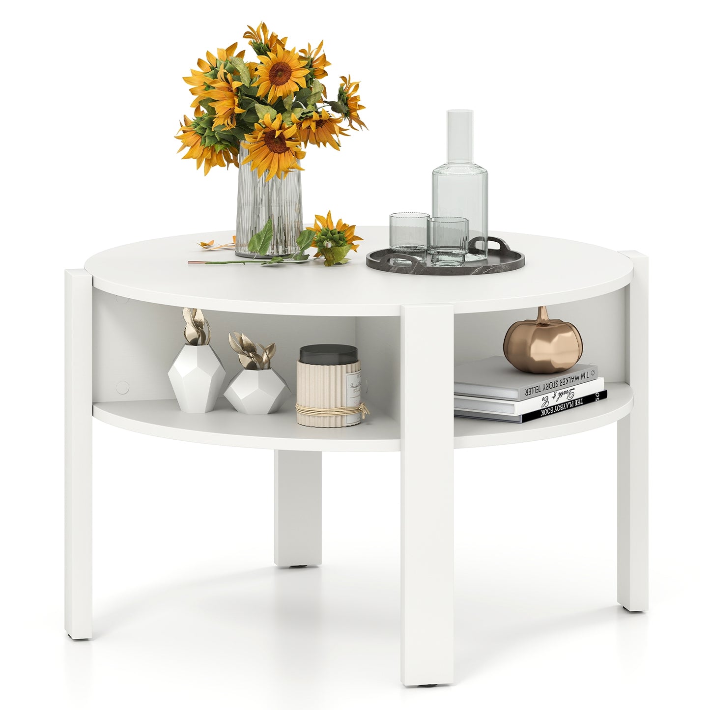 29.5 Inch Round Coffee Table with Storage Shelves for Small Space, White Coffee Tables at Gallery Canada