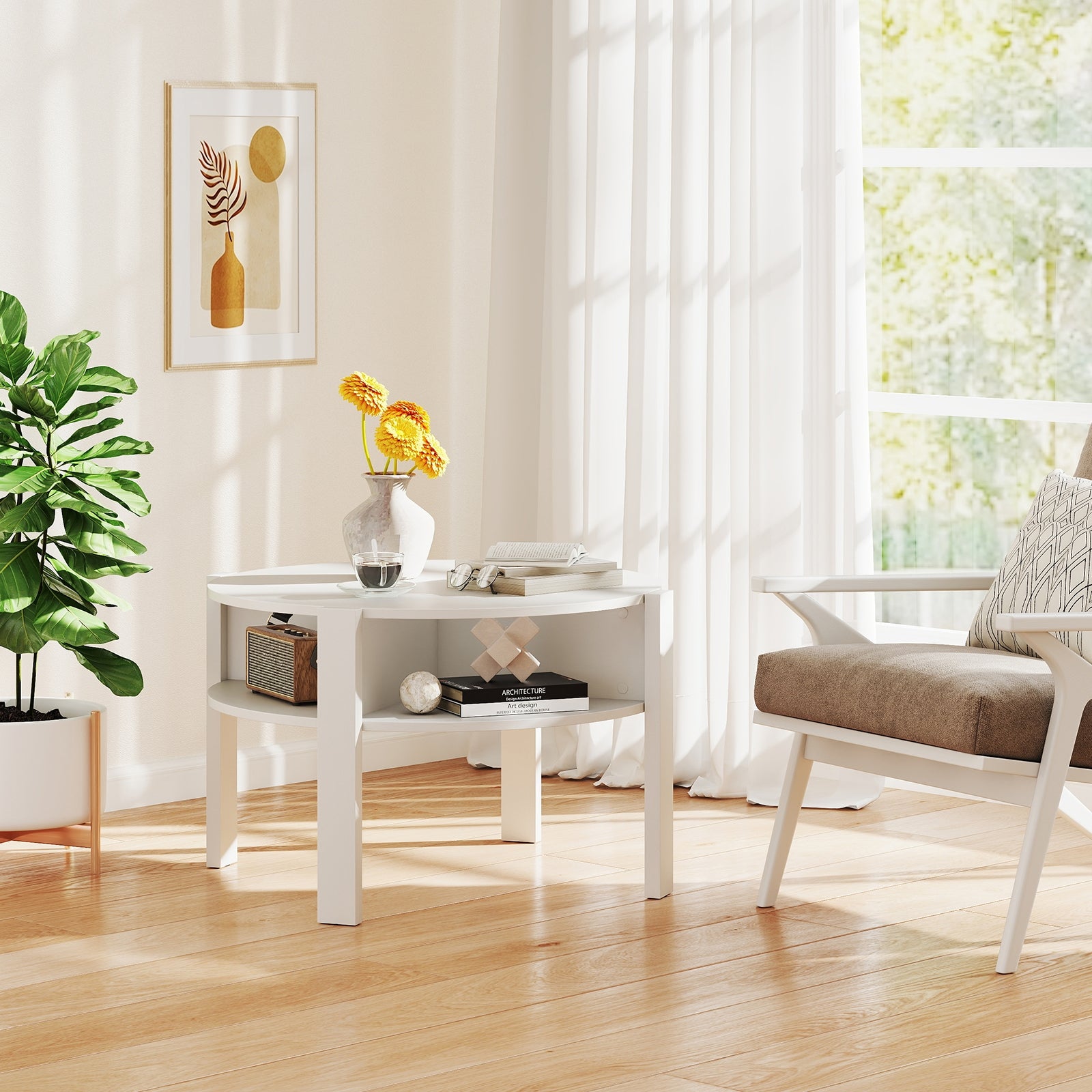 29.5 Inch Round Coffee Table with Storage Shelves for Small Space, White Coffee Tables at Gallery Canada