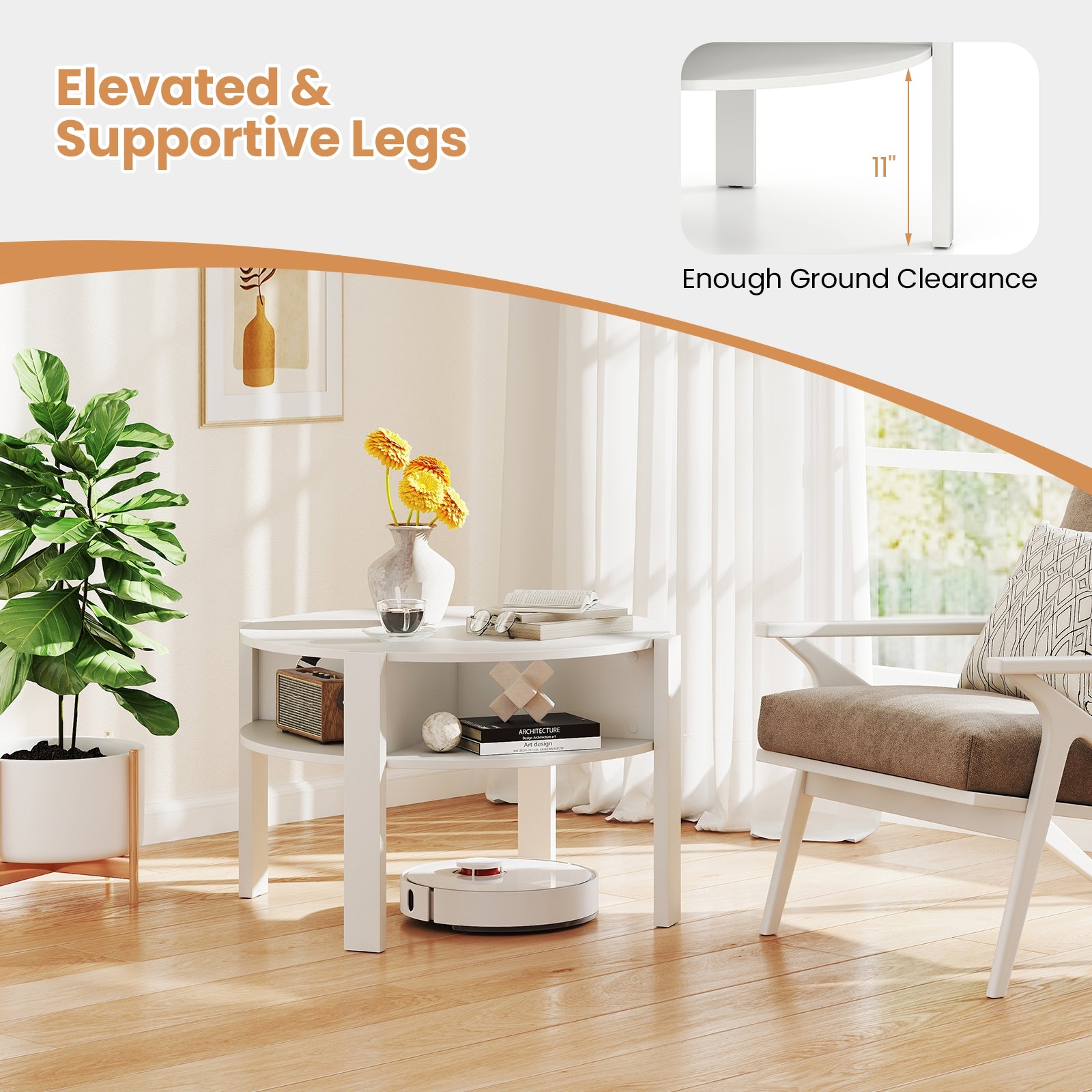 29.5 Inch Round Coffee Table with Storage Shelves for Small Space, White Coffee Tables at Gallery Canada