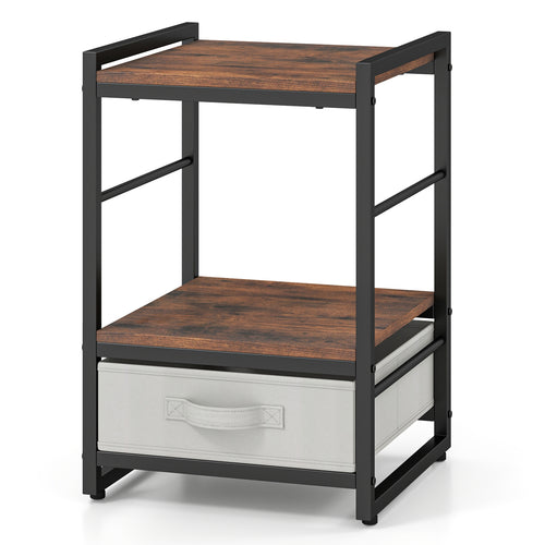 Industrial Nightstand With Open Shelf, Fabric Drawer, Rustic Brown