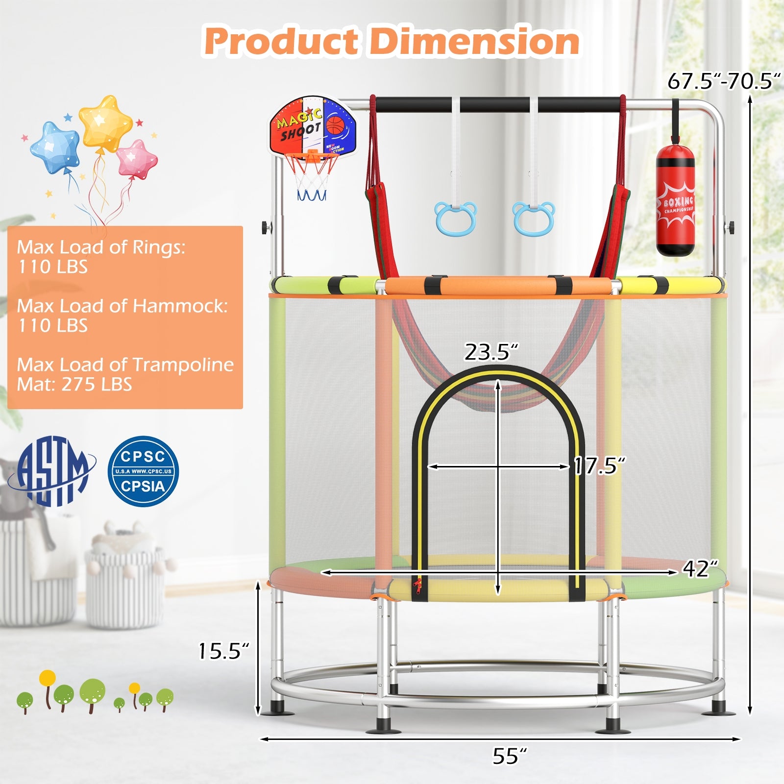 55" Kids Trampoline Gift for for 3-6 Years Old Boys and Girls, Green Trampolines at Gallery Canada