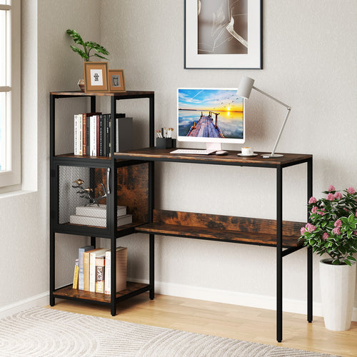 Computer Desk with Bookshelf Home Office Desk with Storage Cabinet and Shelves, Rustic Brown