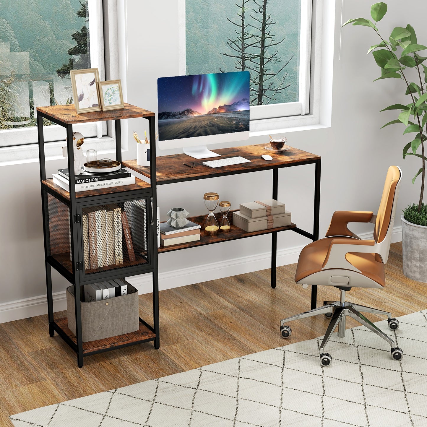 Computer Desk with Bookshelf Home Office Desk with Storage Cabinet and Shelves, Rustic Brown Computer Desks at Gallery Canada