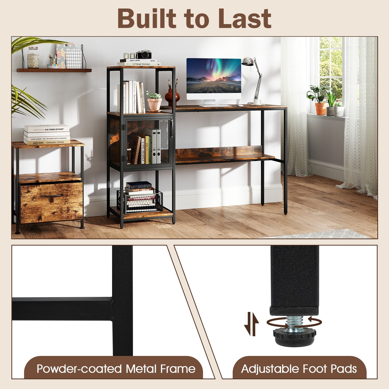 Computer Desk with Bookshelf Home Office Desk with Storage Cabinet and Shelves, Rustic Brown Computer Desks at Gallery Canada