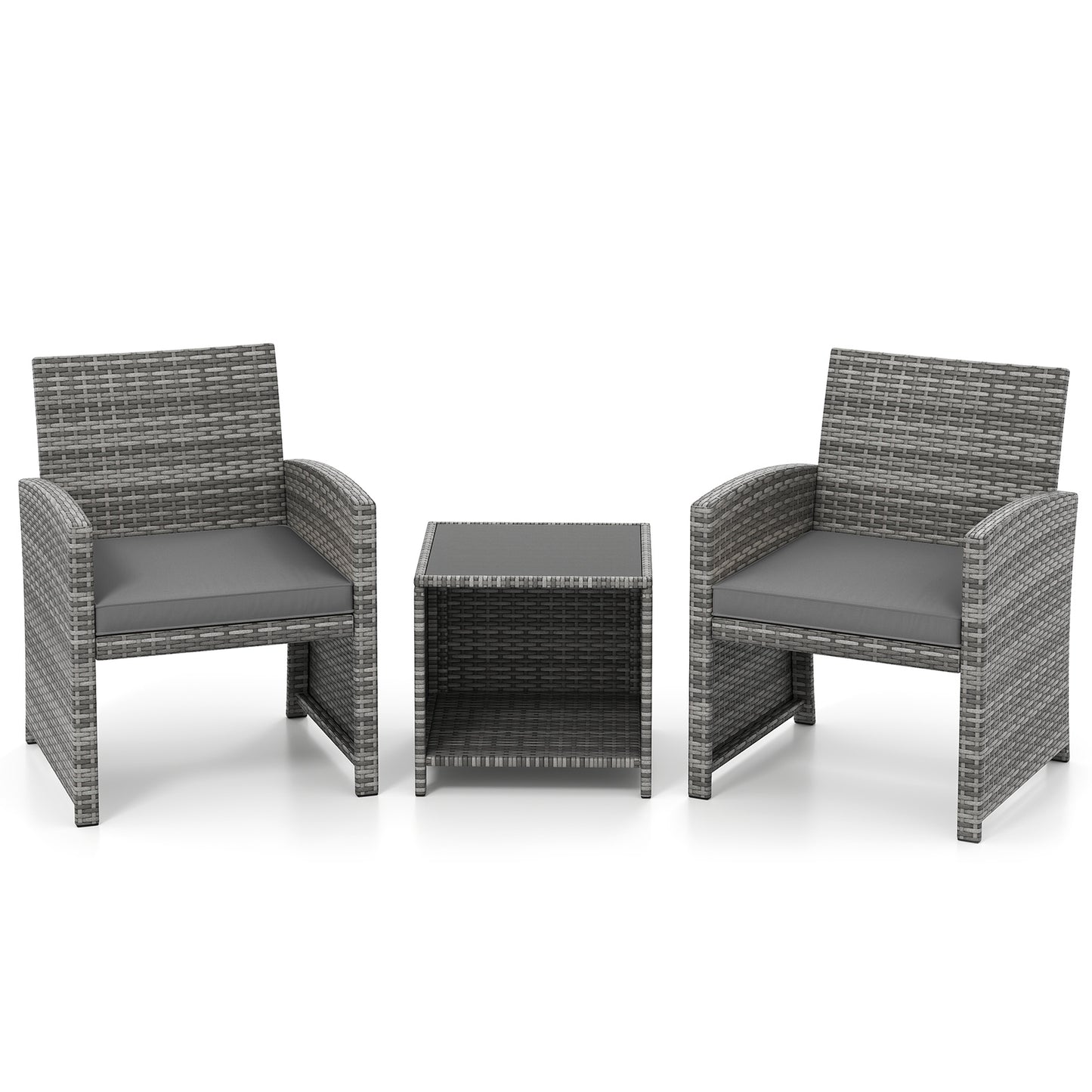 3 Pieces Patio Furniture Set with Tempered Glass Coffee Table and Soft Seat Cushions, Gray Patio Conversation Sets at Gallery Canada