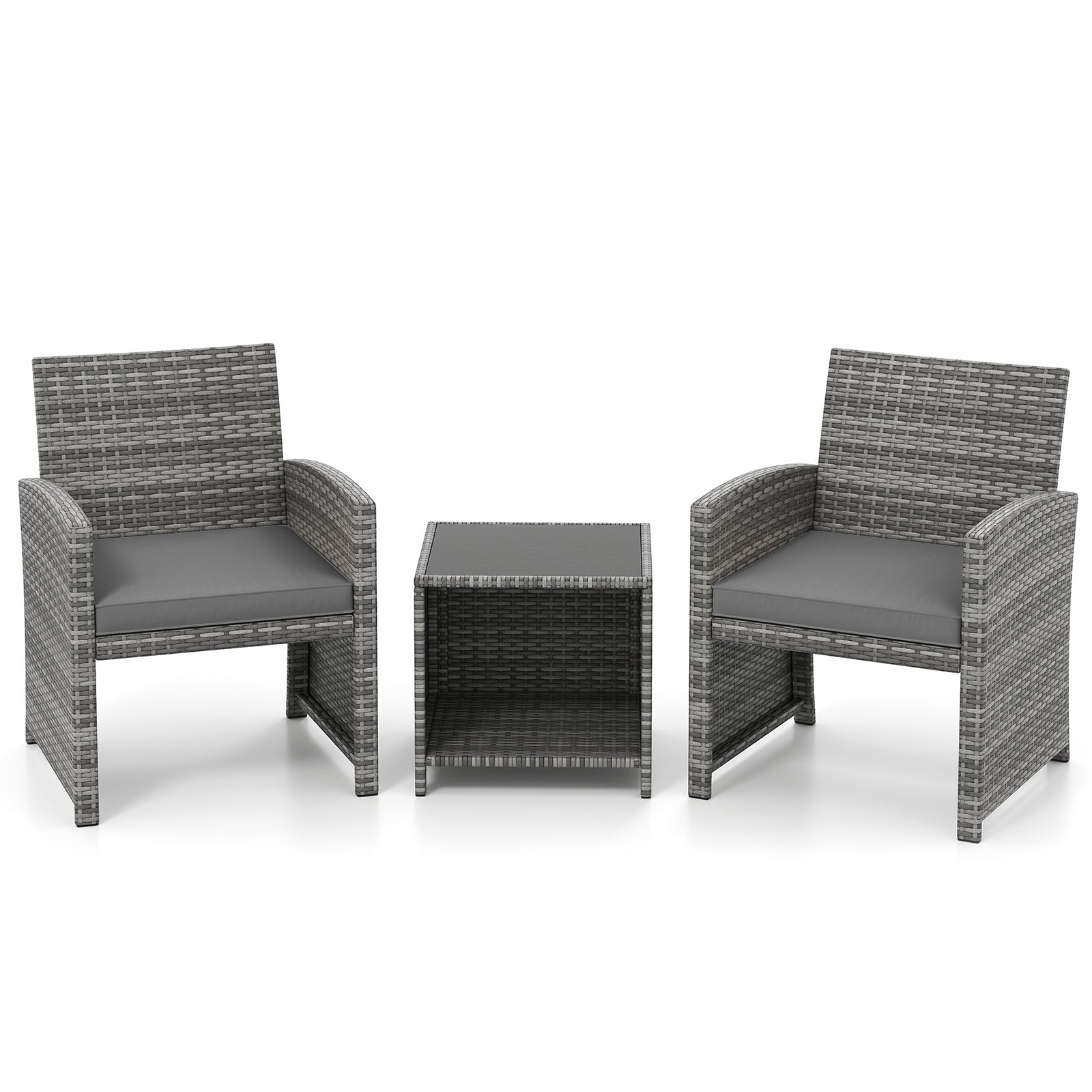 3 Pieces Patio Furniture Set with Tempered Glass Coffee Table and Soft Seat Cushions, Gray Patio Conversation Sets at Gallery Canada