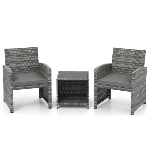 3 Pieces Patio Furniture Set with Tempered Glass Coffee Table and Soft Seat Cushions, Gray