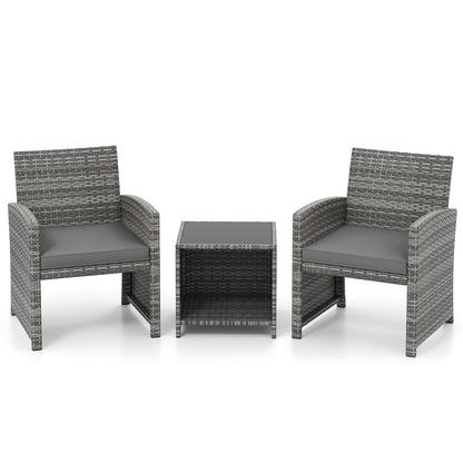 3 Piece Patio Furniture Set, Tempered Glass Table, Soft Cushions, Gray