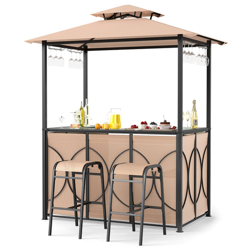 6.5 x 4 x 8 FT Grill Gazebo Set with 2 Bar Stools and Bar Table, Brown