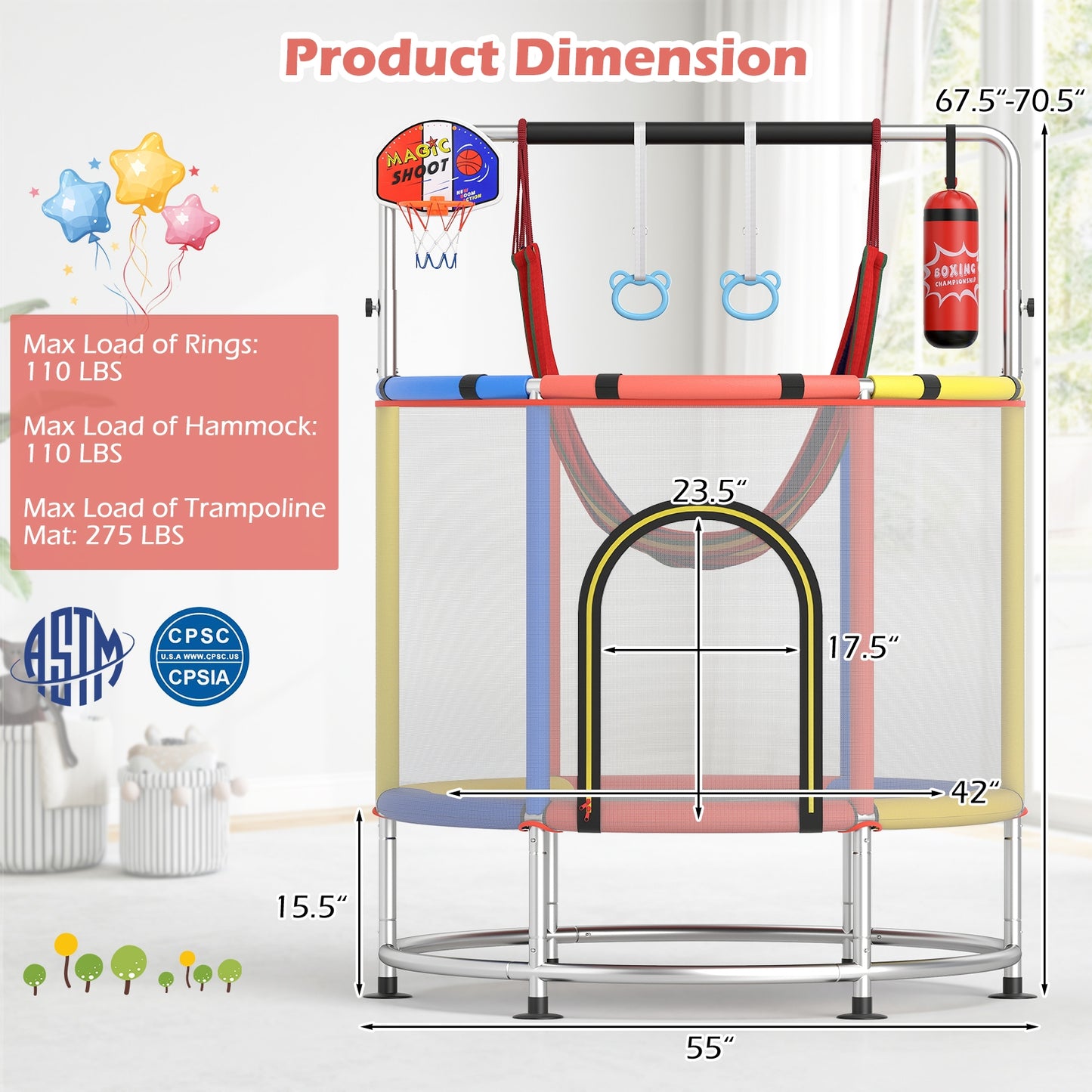 55" Kids Trampoline Gift for for 3-6 Years Old Boys and Girls, Red Trampolines at Gallery Canada
