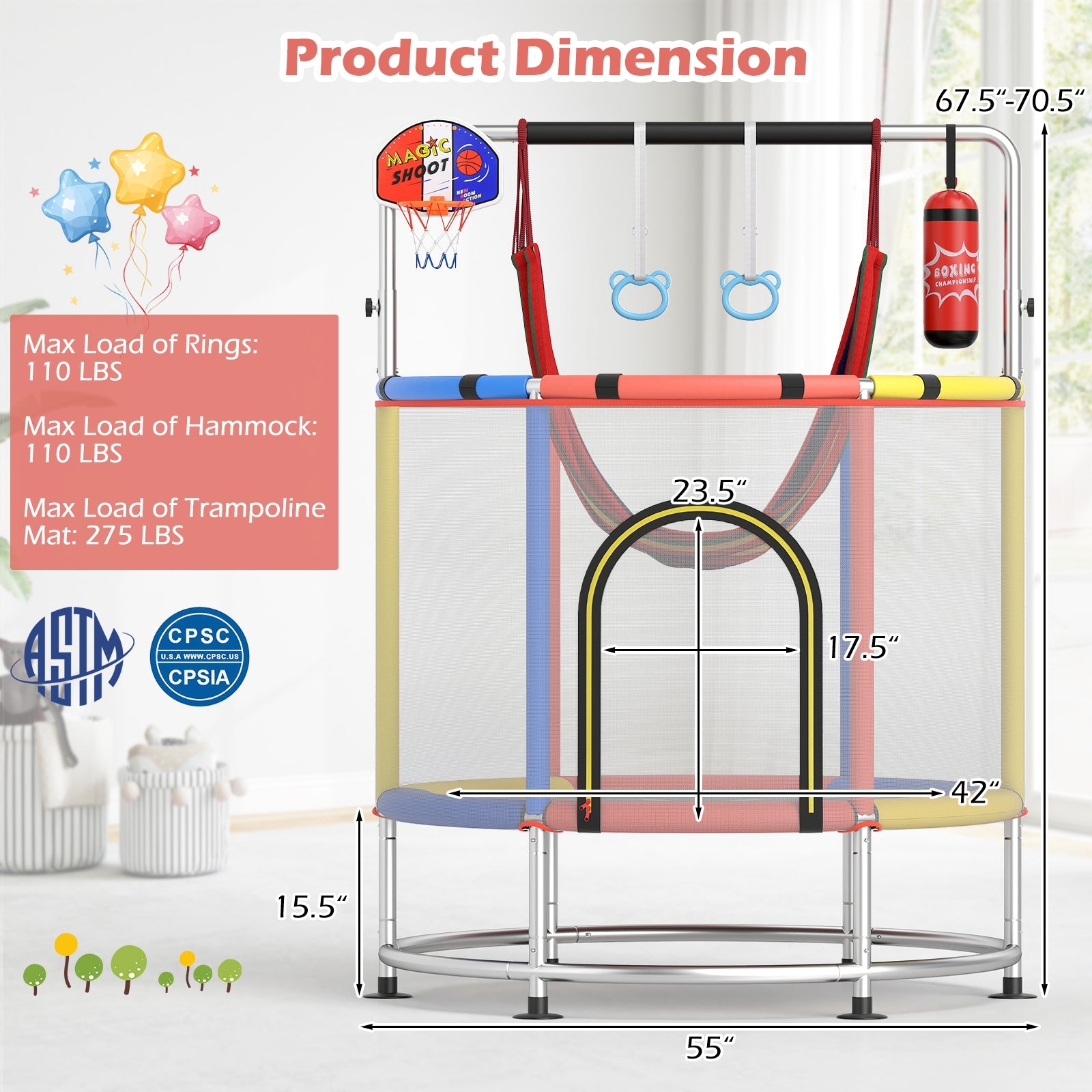 55" Kids Trampoline Gift for for 3-6 Years Old Boys and Girls, Red Trampolines at Gallery Canada
