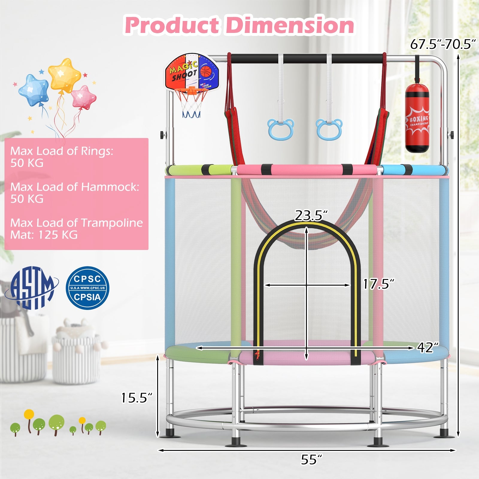 55" Kids Trampoline Gift for for 3-6 Years Old Boys and Girls, Pink Trampolines at Gallery Canada