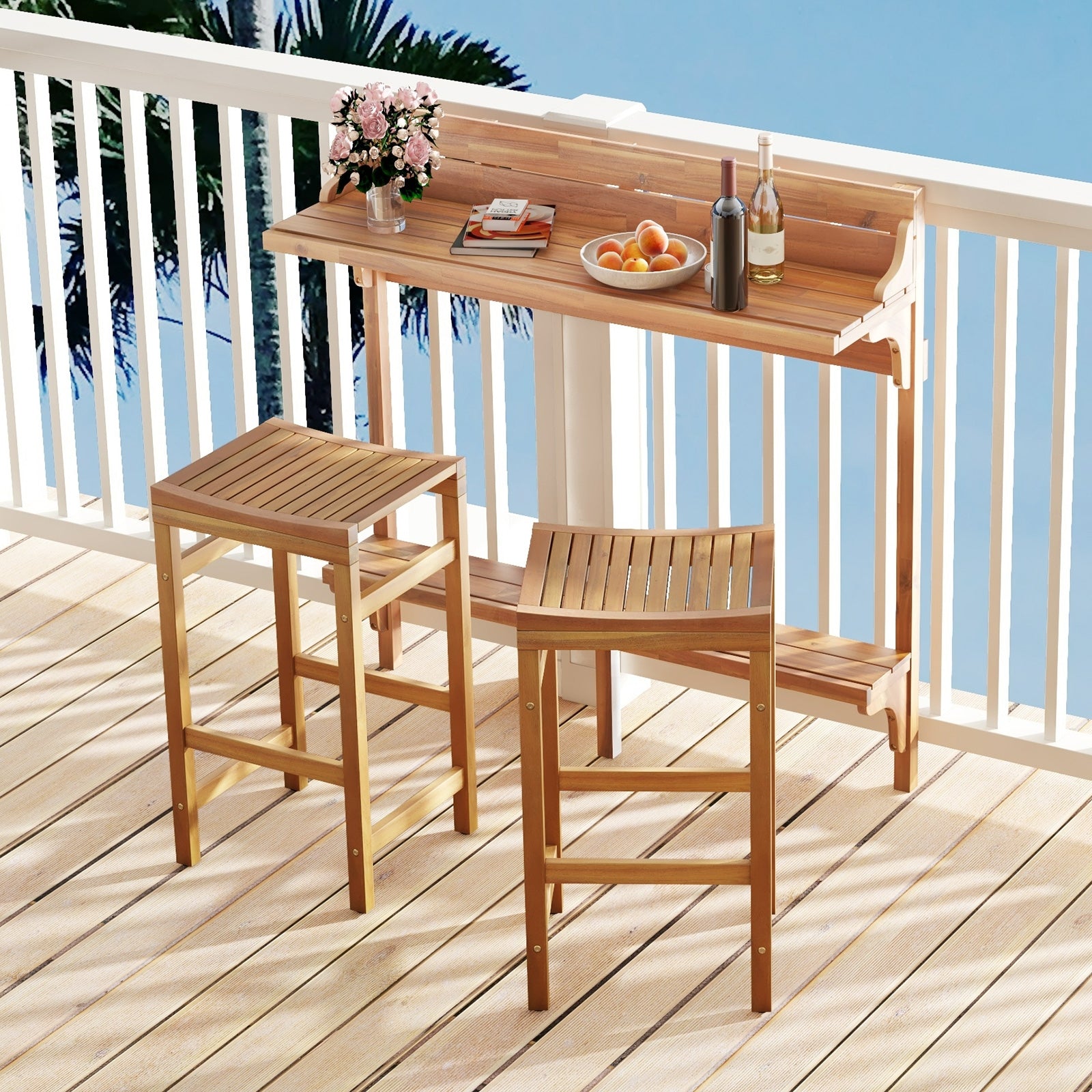 3 Pieces Patio Acacia Wood Bar Table Set with Footrest Curved Wood Seat, Natural Patio Bar Furniture at Gallery Canada