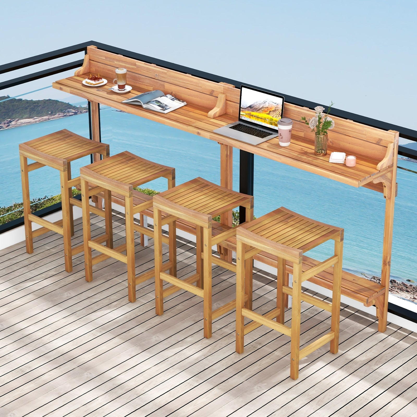 3 Pieces Patio Acacia Wood Bar Table Set with Footrest Curved Wood Seat, Natural Patio Bar Furniture at Gallery Canada