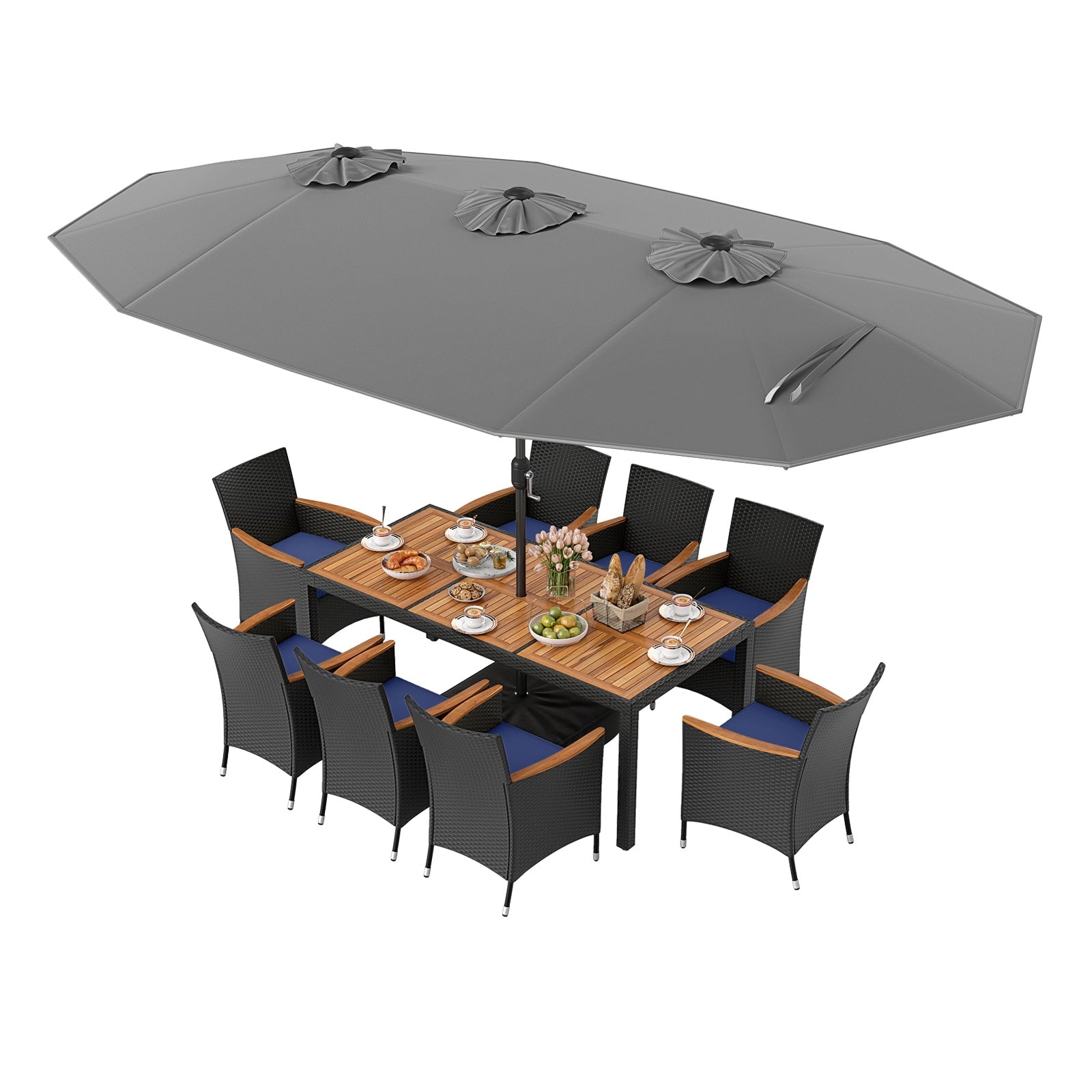 10 Piece Outdoor Patio Dining Set, 15 Feet Double-Sided Umbrella, Gray Patio Dining Sets at Gallery Canada