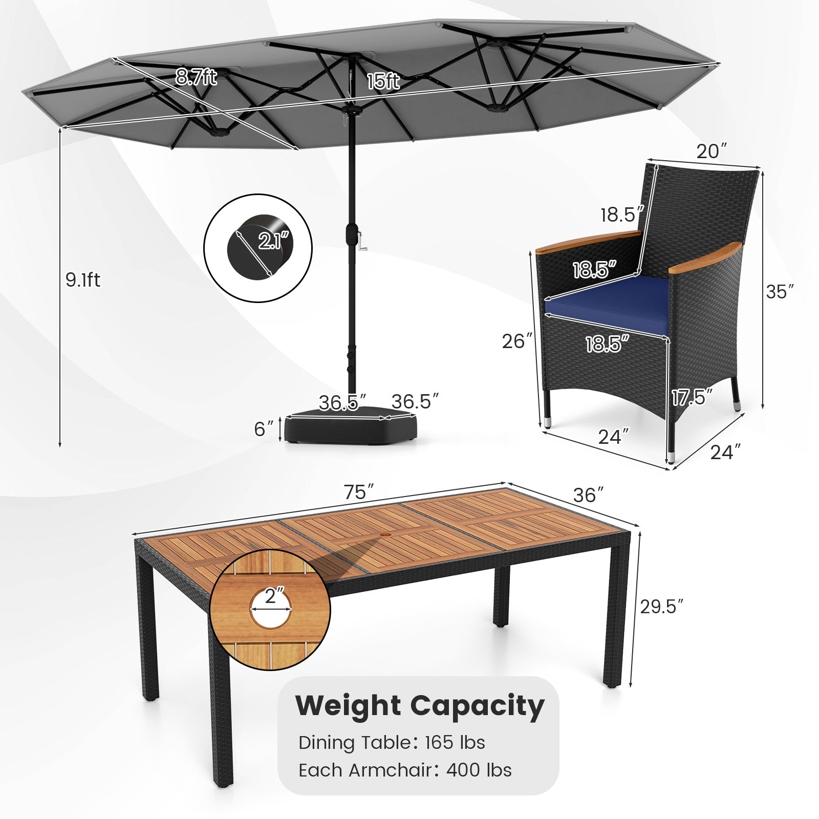 10 Piece Outdoor Patio Dining Set, 15 Feet Double-Sided Umbrella, Gray Patio Dining Sets at Gallery Canada