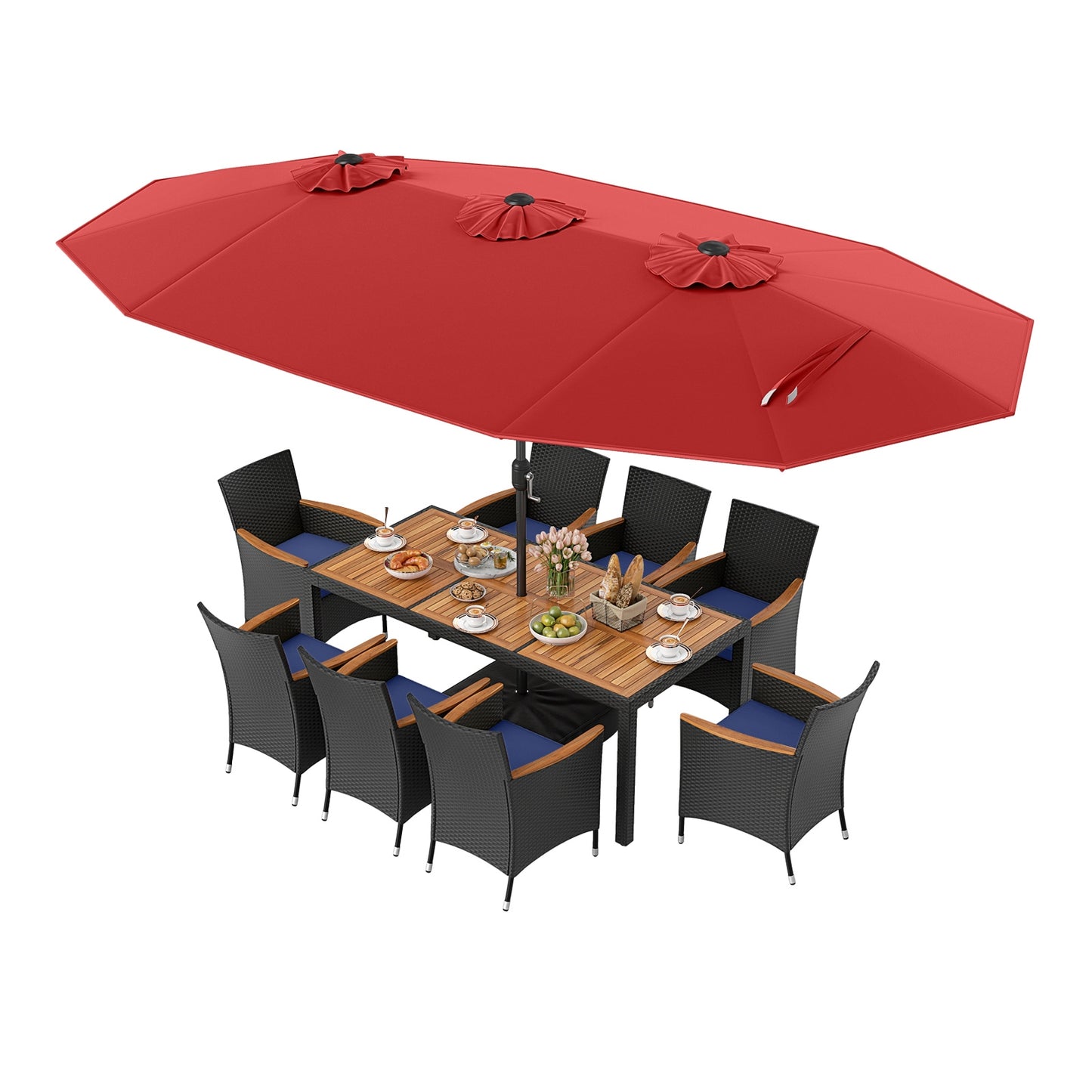 10 Piece Outdoor Patio Dining Set, 15 Feet Double-Sided Umbrella, Red Patio Dining Sets at Gallery Canada