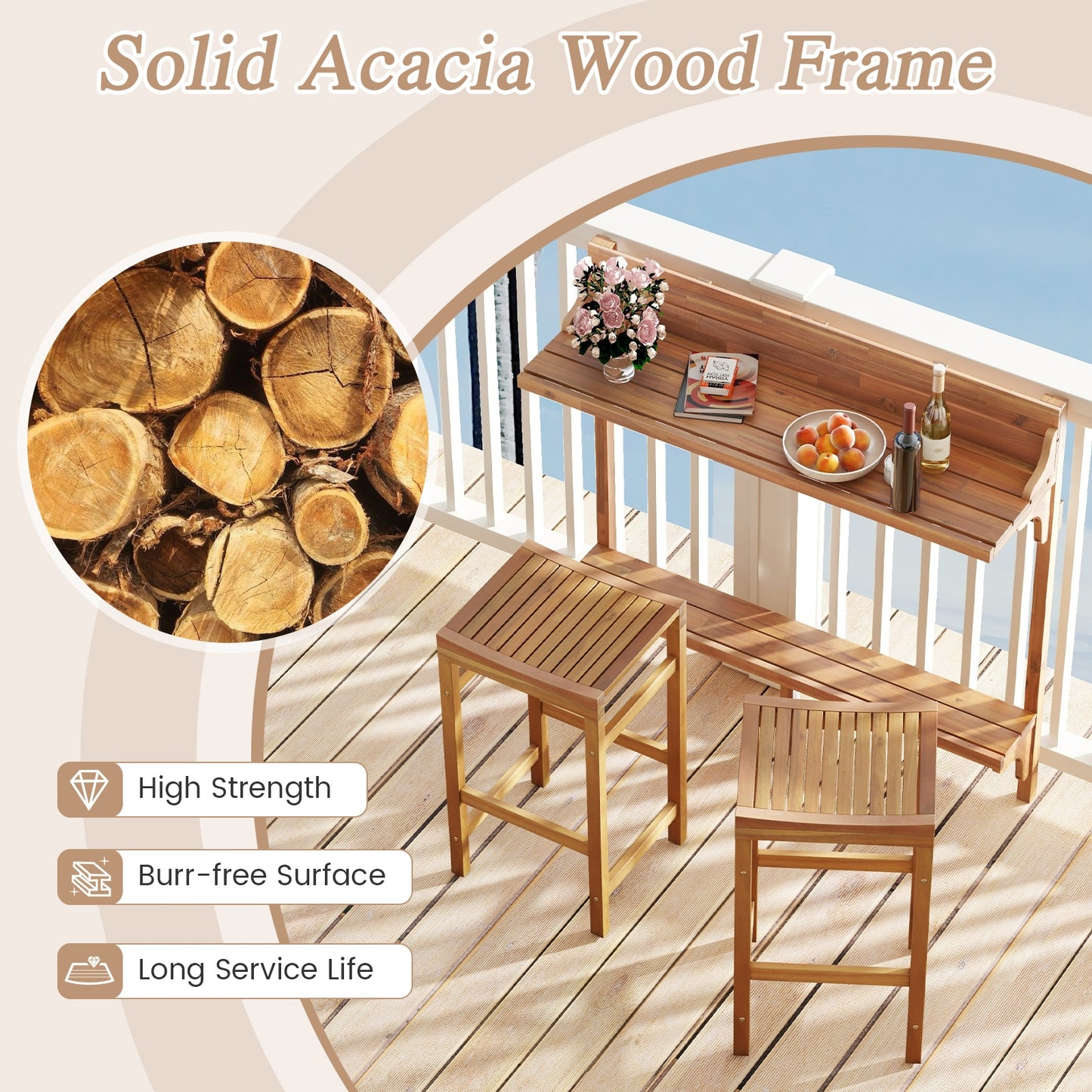 3 Pieces Patio Acacia Wood Bar Table Set with Footrest Curved Wood Seat, Natural Patio Bar Furniture at Gallery Canada