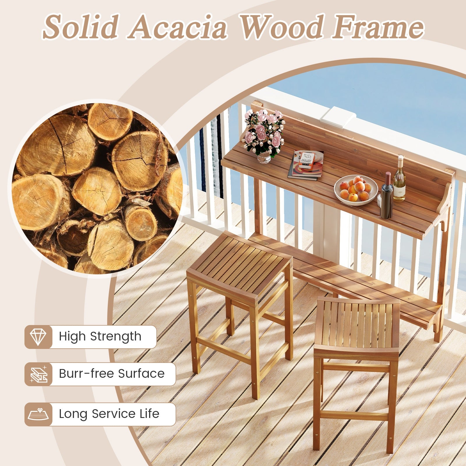3 Pieces Patio Acacia Wood Bar Table Set with Footrest Curved Wood Seat, Natural Patio Bar Furniture at Gallery Canada