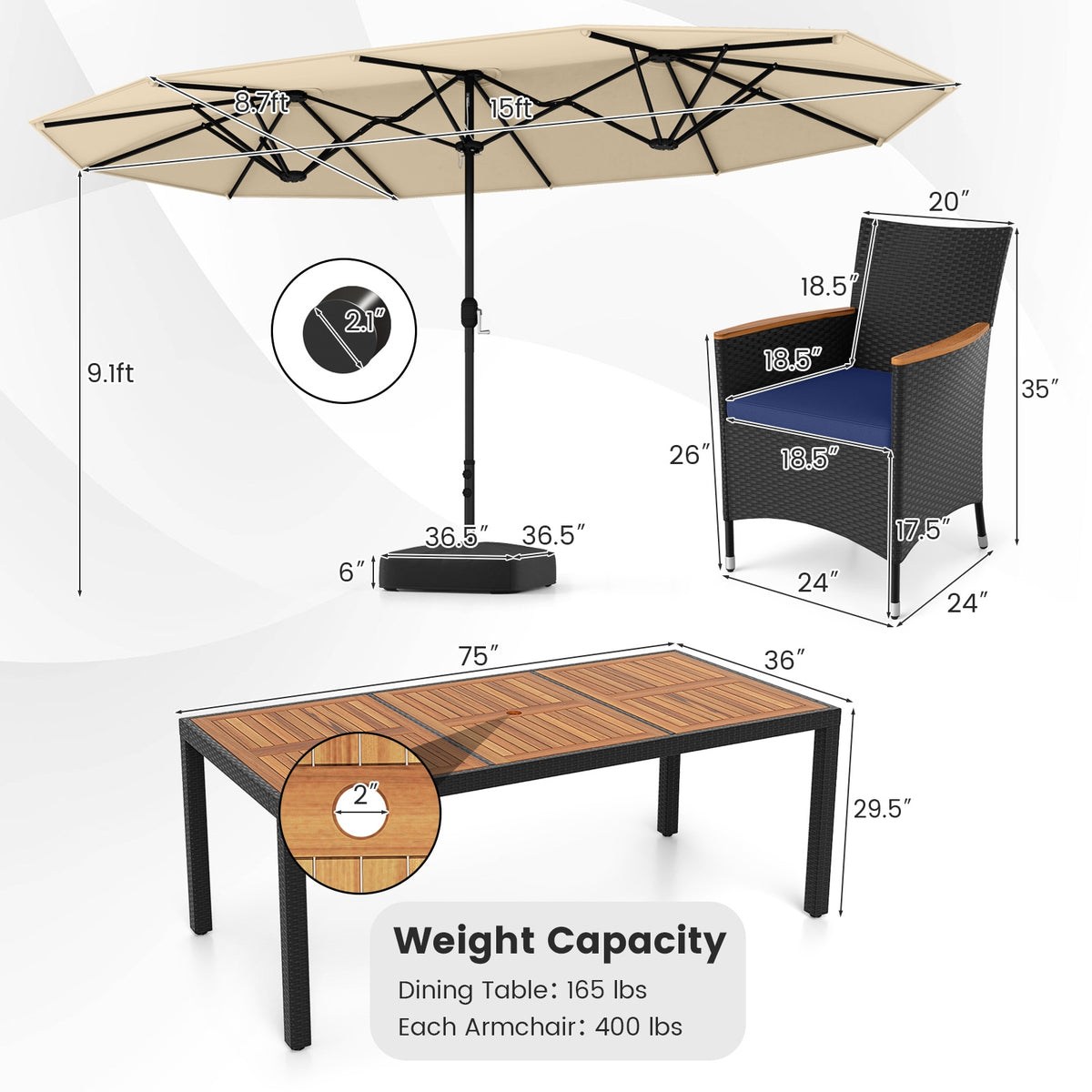 10 Piece Outdoor Patio Dining Set, 15 Ft Double-Sided Umbrella, Beige Patio Dining Sets at Gallery Canada