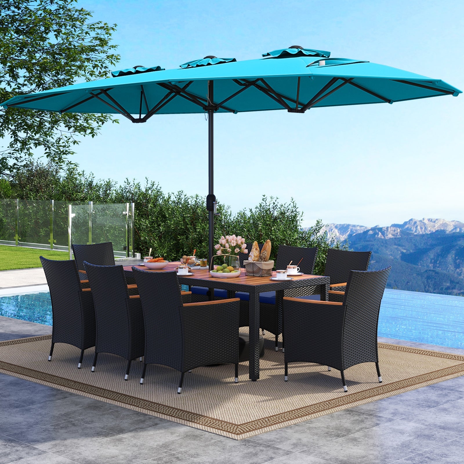 10 Piece Outdoor Patio Dining Set, 15 Feet Double-Sided Twin Umbrella, Turquoise Patio Dining Sets at Gallery Canada