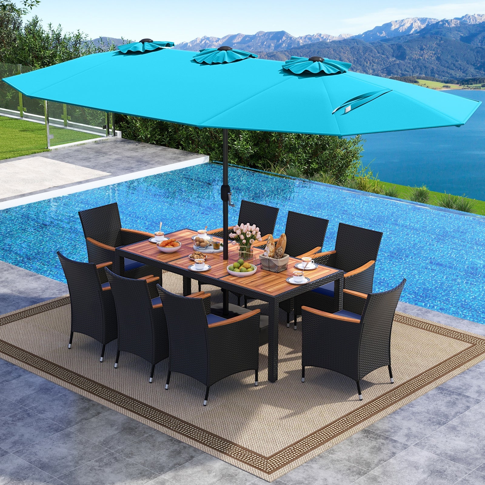10 Piece Outdoor Patio Dining Set, 15 Feet Double-Sided Twin Umbrella, Turquoise Patio Dining Sets at Gallery Canada