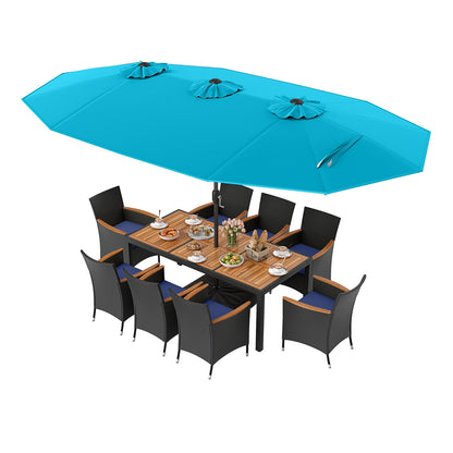 10 Piece Outdoor Patio Dining Set, 15 Feet Double-Sided Twin Umbrella, Turquoise Patio Dining Sets at Gallery Canada