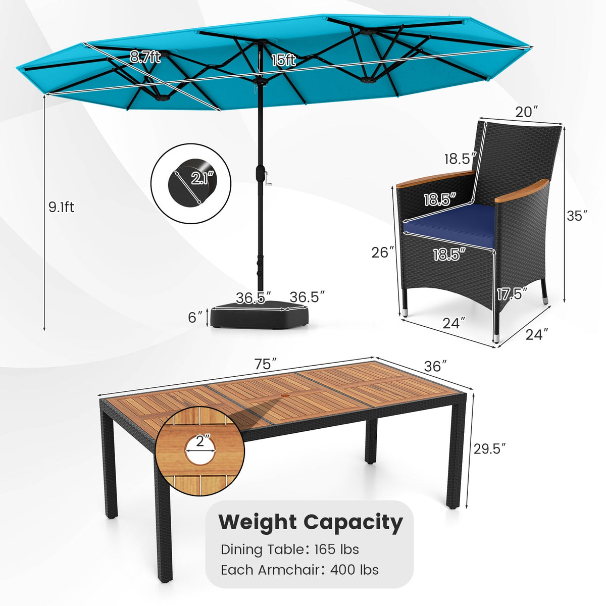 10 Piece Outdoor Patio Dining Set, 15 Feet Double-Sided Twin Umbrella, Turquoise Patio Dining Sets at Gallery Canada